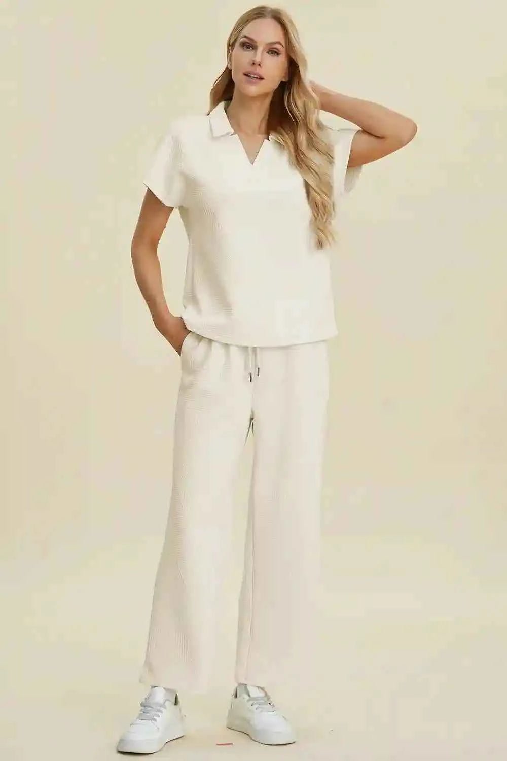 Double Take Full Size Collared Neck Short Sleeve Top and Pants Set - MegaSuperStar