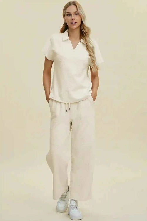 Customer styling 🌸 Double Take Full Size Collared Neck Short Sleeve Top and Pants Set 🌸