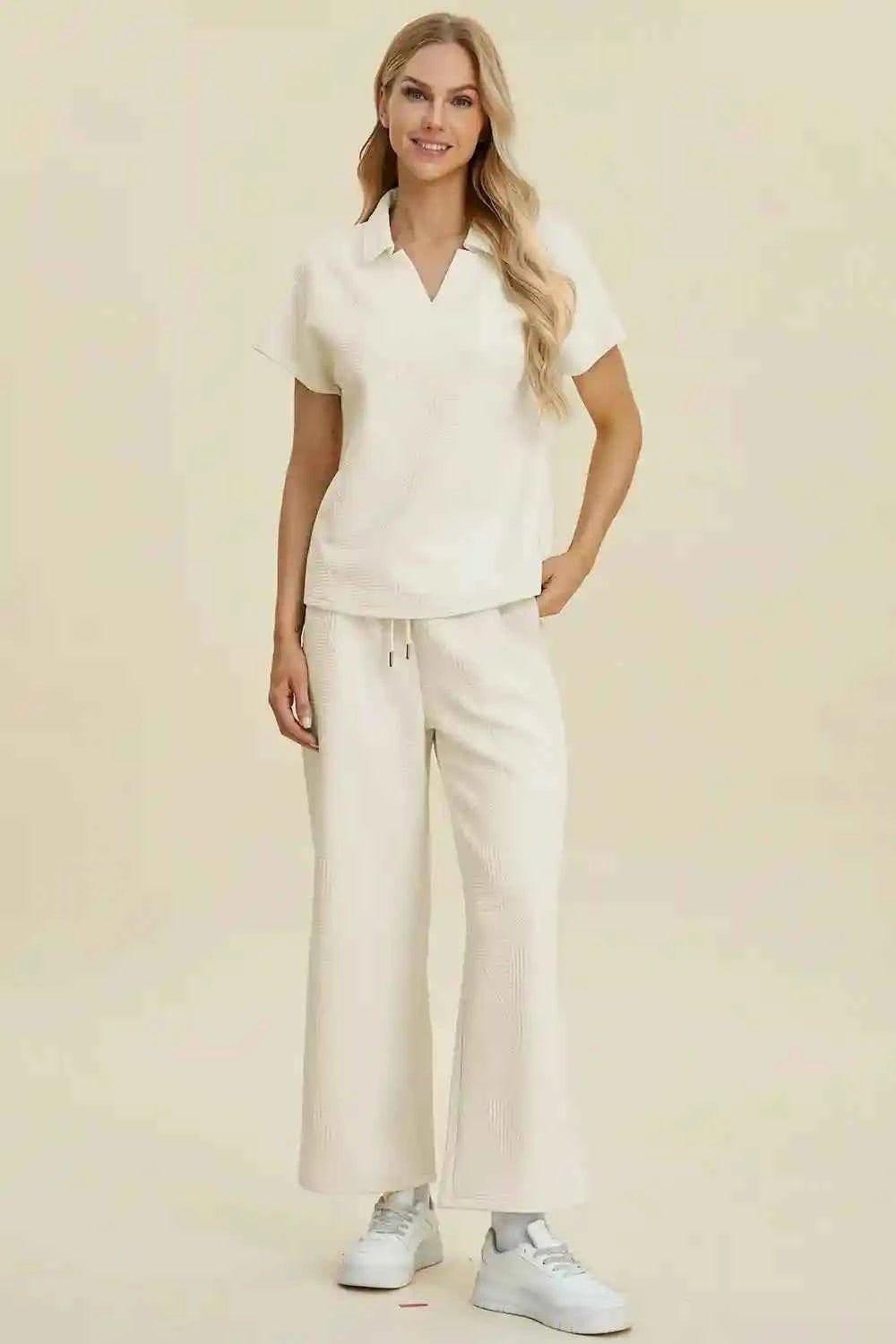 Double Take Full Size Collared Neck Short Sleeve Top and Pants Set - MegaSuperStar