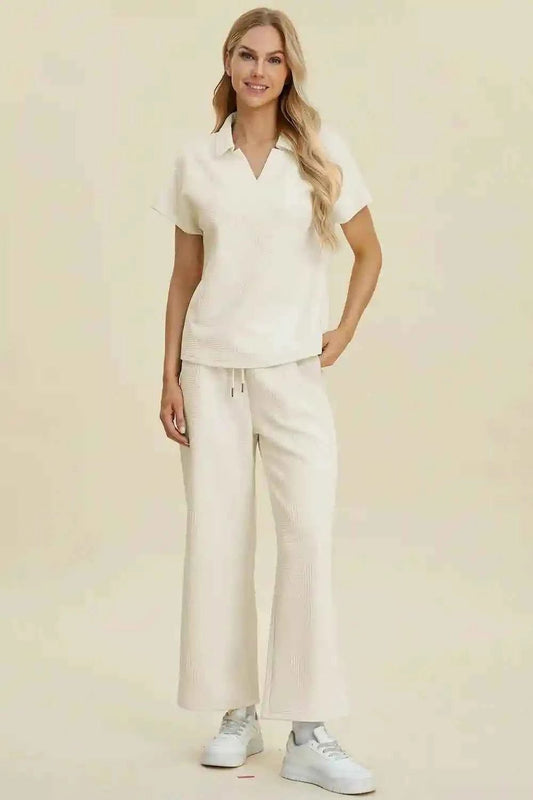 Double Take Full Size Collared Neck Short Sleeve Top and Pants Set - MegaSuperStar