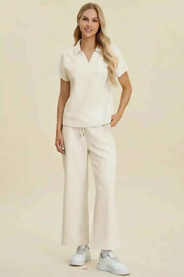 🌸 Double Take Full Size Collared Neck Short Sleeve Top and Pants Set 🌸