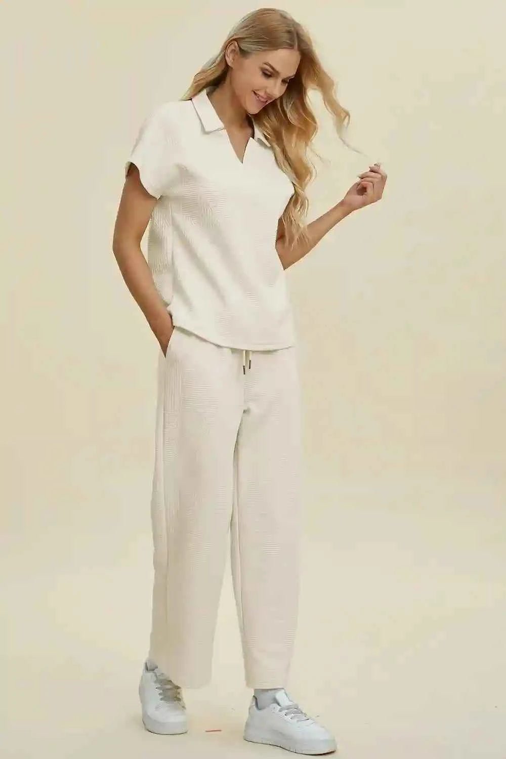 Double Take Full Size Collared Neck Short Sleeve Top and Pants Set - MegaSuperStar