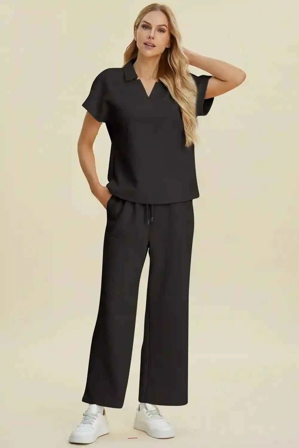 Double Take Full Size Collared Neck Short Sleeve Top and Pants Set - MegaSuperStar
