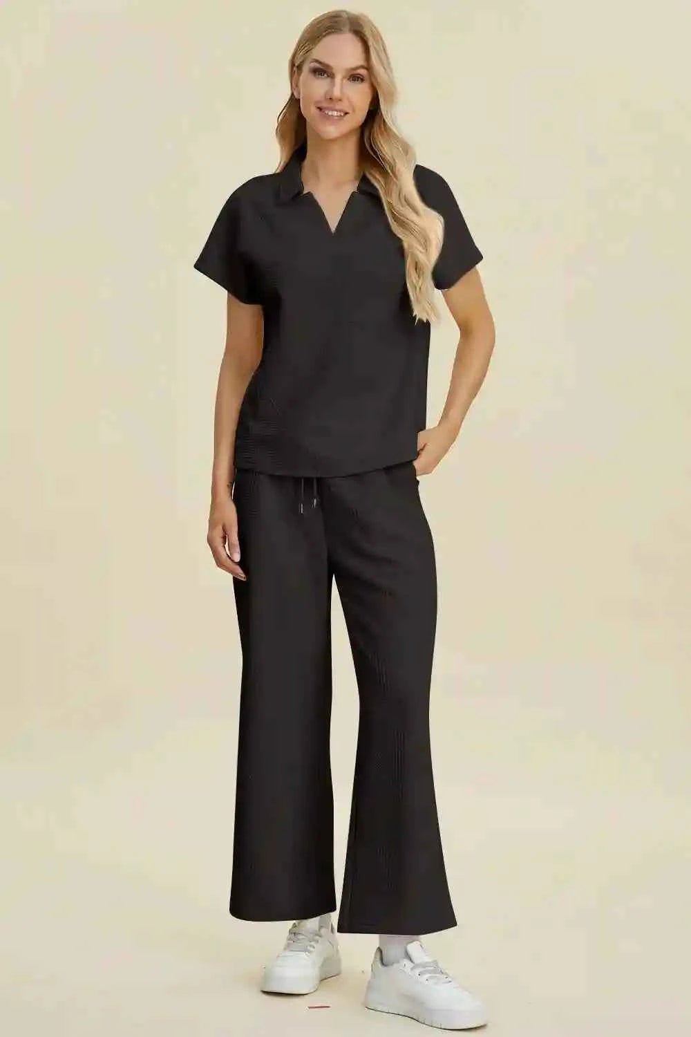 Double Take Full Size Collared Neck Short Sleeve Top and Pants Set - MegaSuperStar