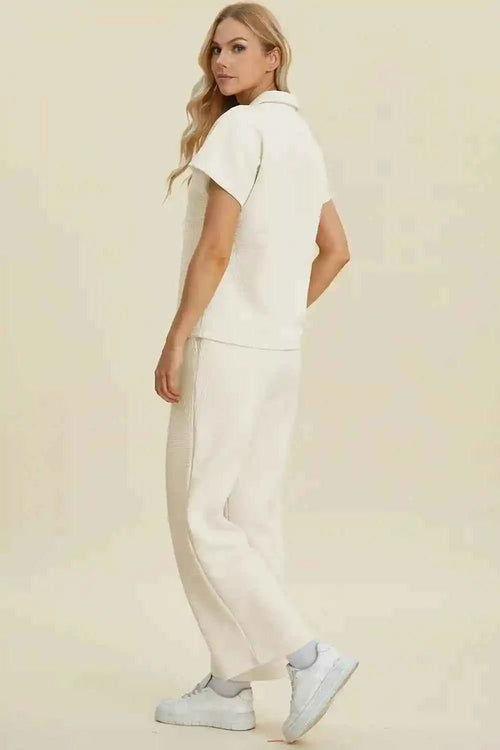 Customer styling 🌸 Double Take Full Size Collared Neck Short Sleeve Top and Pants Set 🌸