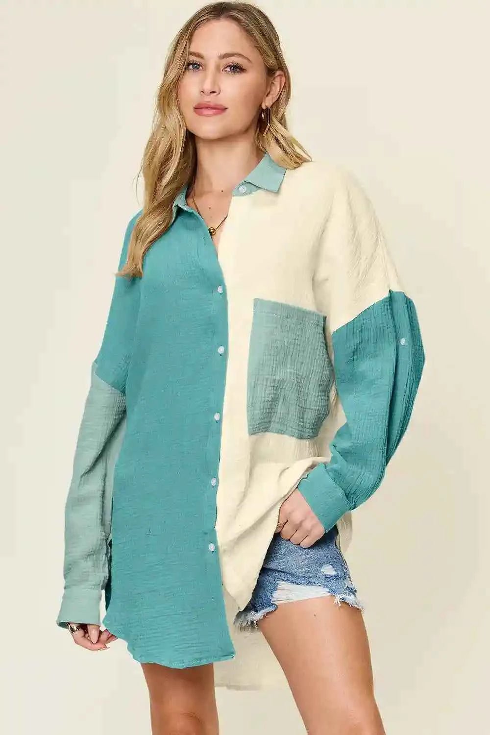 Double Take Full Size Pocketed Texture Button - Up Shirt for Versatile Style and Comfort - MegaSuperStar