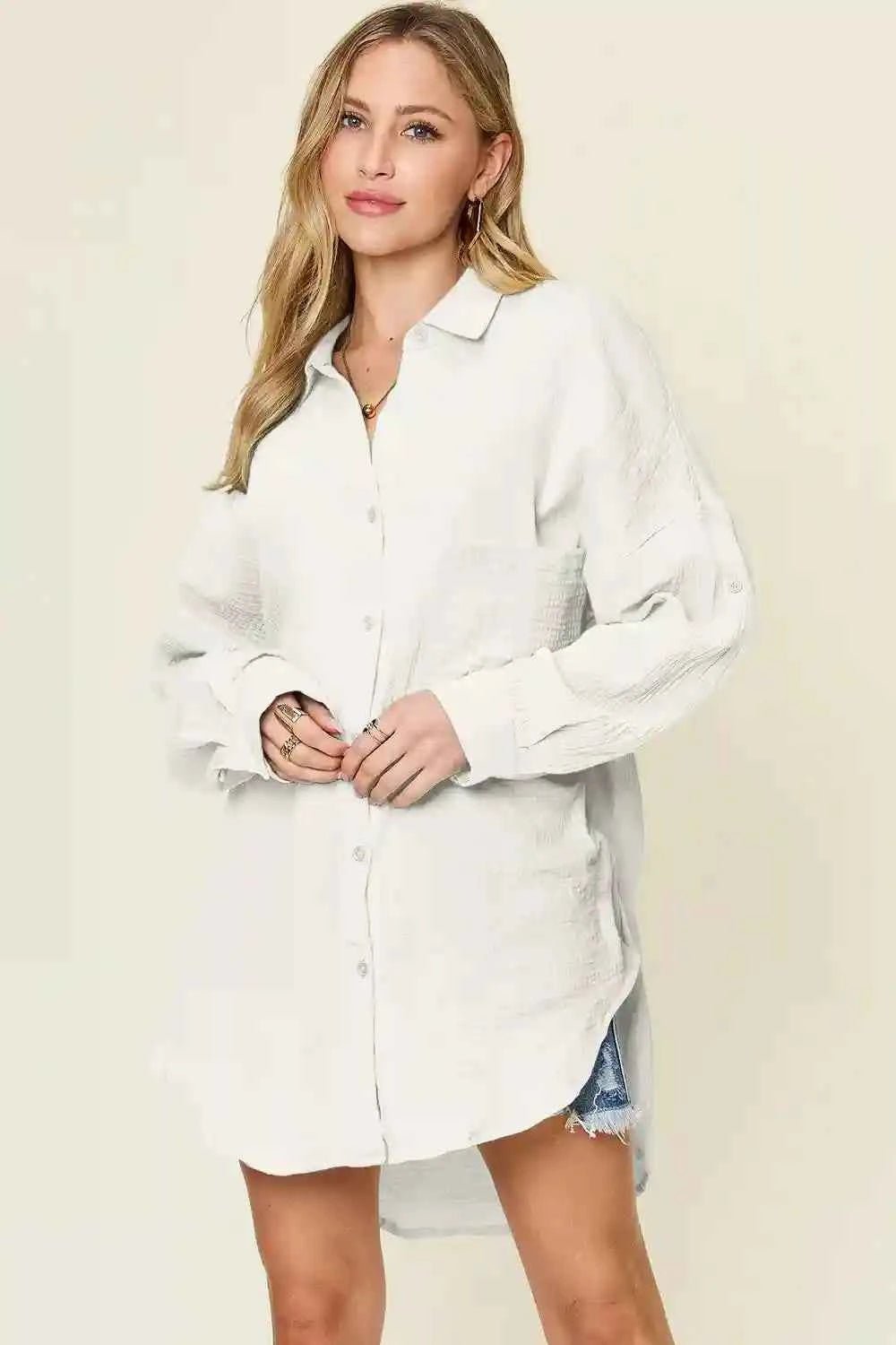 Double Take Full Size Pocketed Texture Button - Up Shirt for Versatile Style and Comfort - MegaSuperStar
