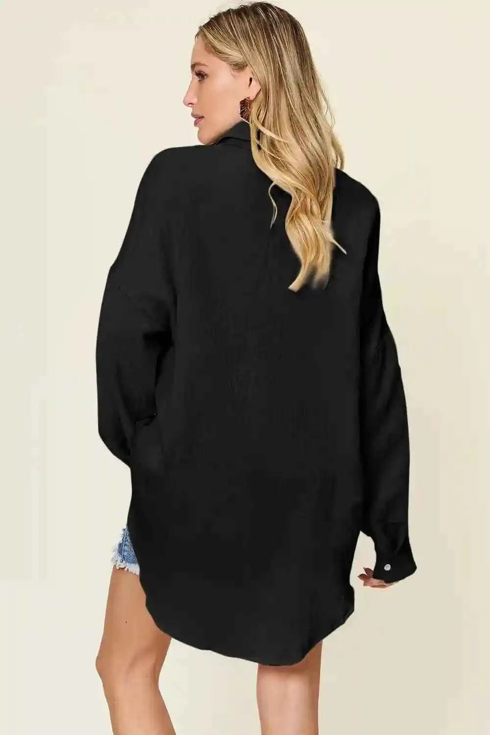 Double Take Full Size Pocketed Texture Button - Up Shirt for Versatile Style and Comfort - MegaSuperStar