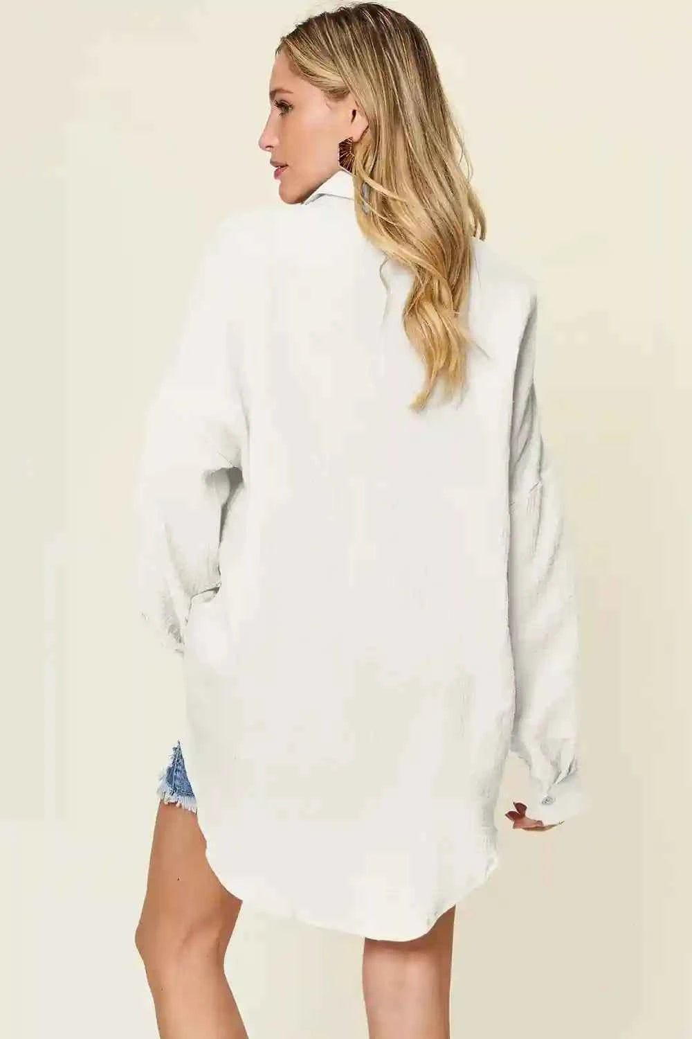 Double Take Full Size Pocketed Texture Button - Up Shirt for Versatile Style and Comfort - MegaSuperStar