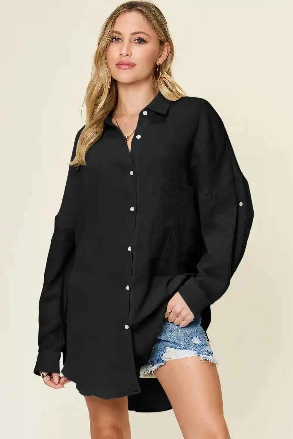 Double Take Full Size Pocketed Texture Button - Up Shirt for Versatile Style and Comfort - MegaSuperStar