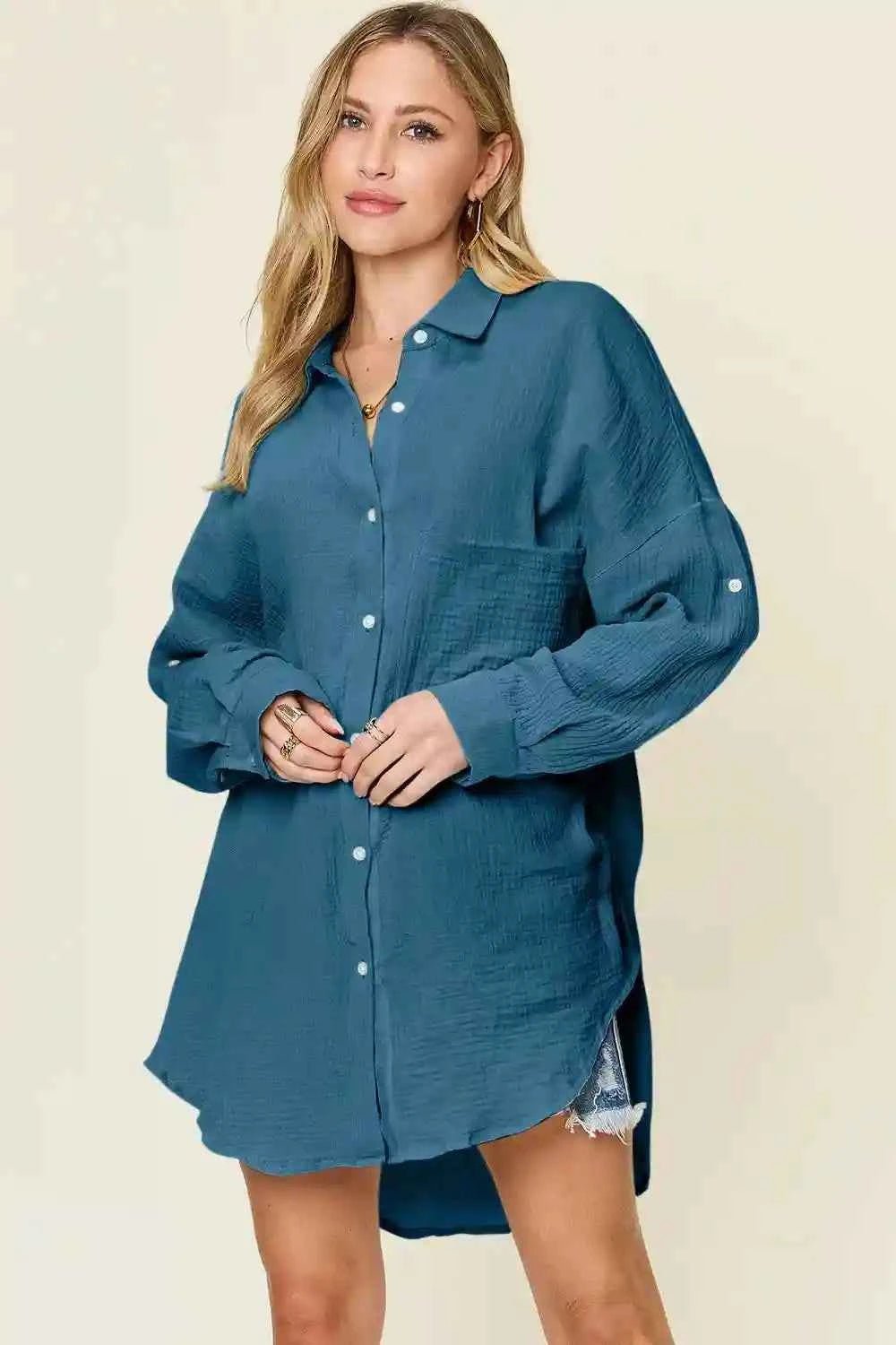 Double Take Full Size Pocketed Texture Button - Up Shirt for Versatile Style and Comfort - MegaSuperStar