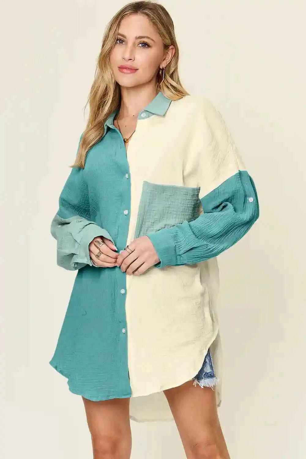 Double Take Full Size Pocketed Texture Button - Up Shirt for Versatile Style and Comfort - MegaSuperStar
