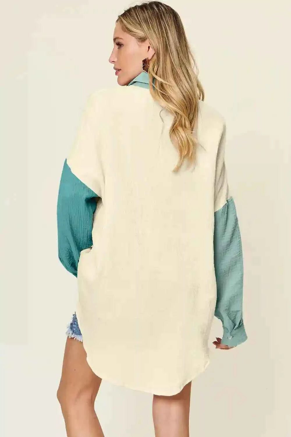 Double Take Full Size Pocketed Texture Button - Up Shirt for Versatile Style and Comfort - MegaSuperStar