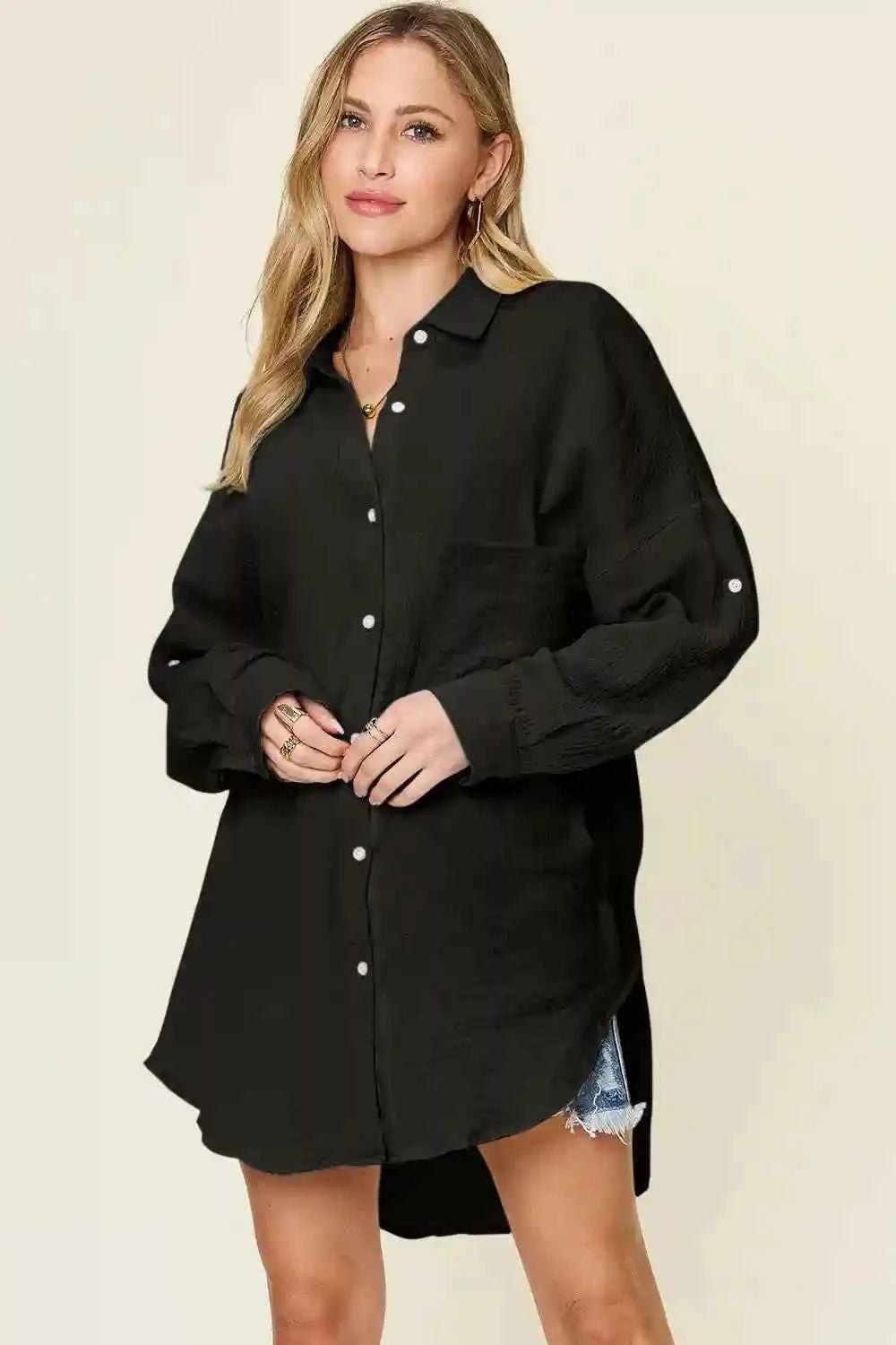 Double Take Full Size Pocketed Texture Button - Up Shirt for Versatile Style and Comfort - MegaSuperStar