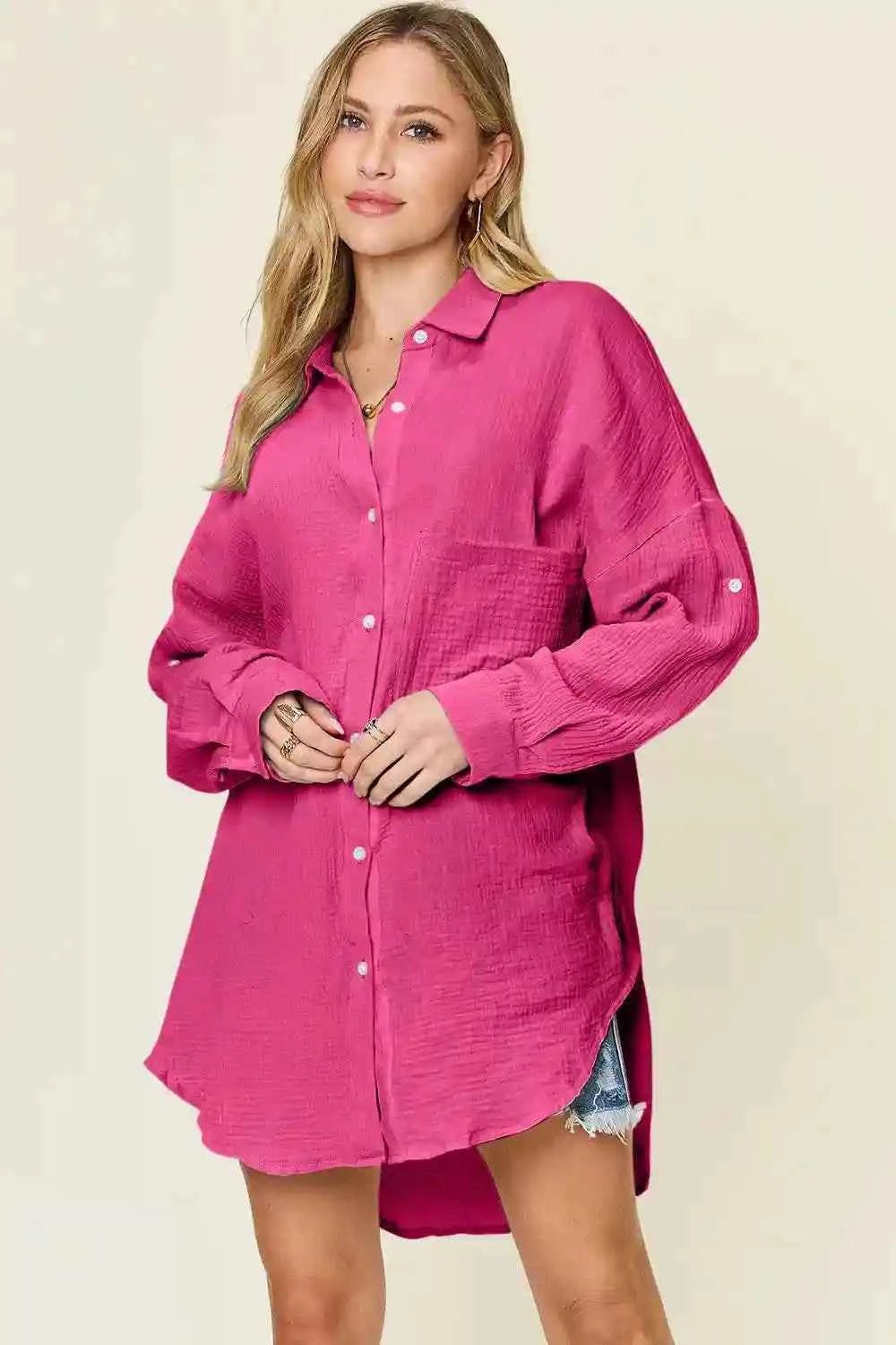Double Take Full Size Pocketed Texture Button - Up Shirt for Versatile Style and Comfort - MegaSuperStar