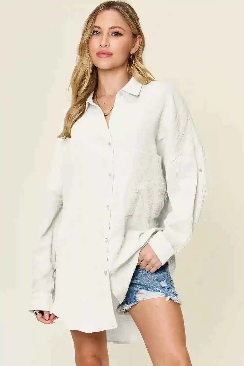Double Take Full Size Pocketed Texture Button - Up Shirt for Versatile Style and Comfort - MegaSuperStar