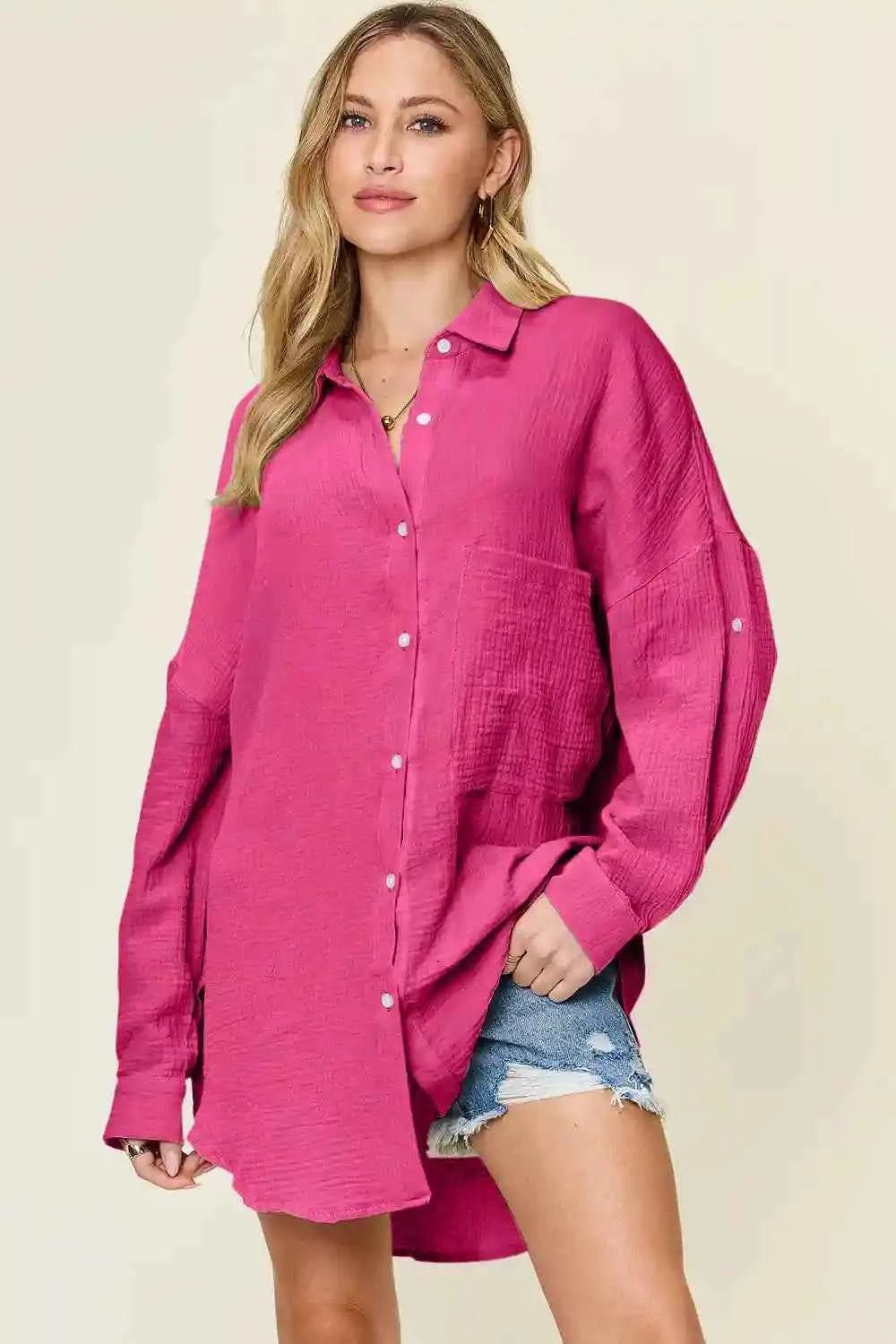 Double Take Full Size Pocketed Texture Button - Up Shirt for Versatile Style and Comfort - MegaSuperStar