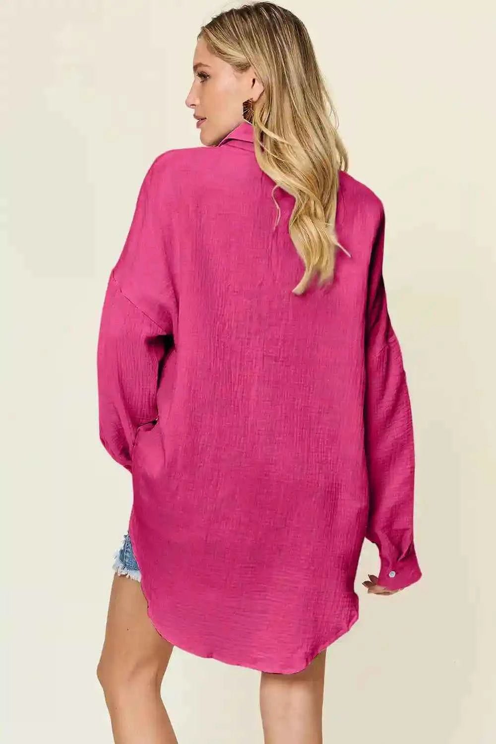 Double Take Full Size Pocketed Texture Button - Up Shirt for Versatile Style and Comfort - MegaSuperStar