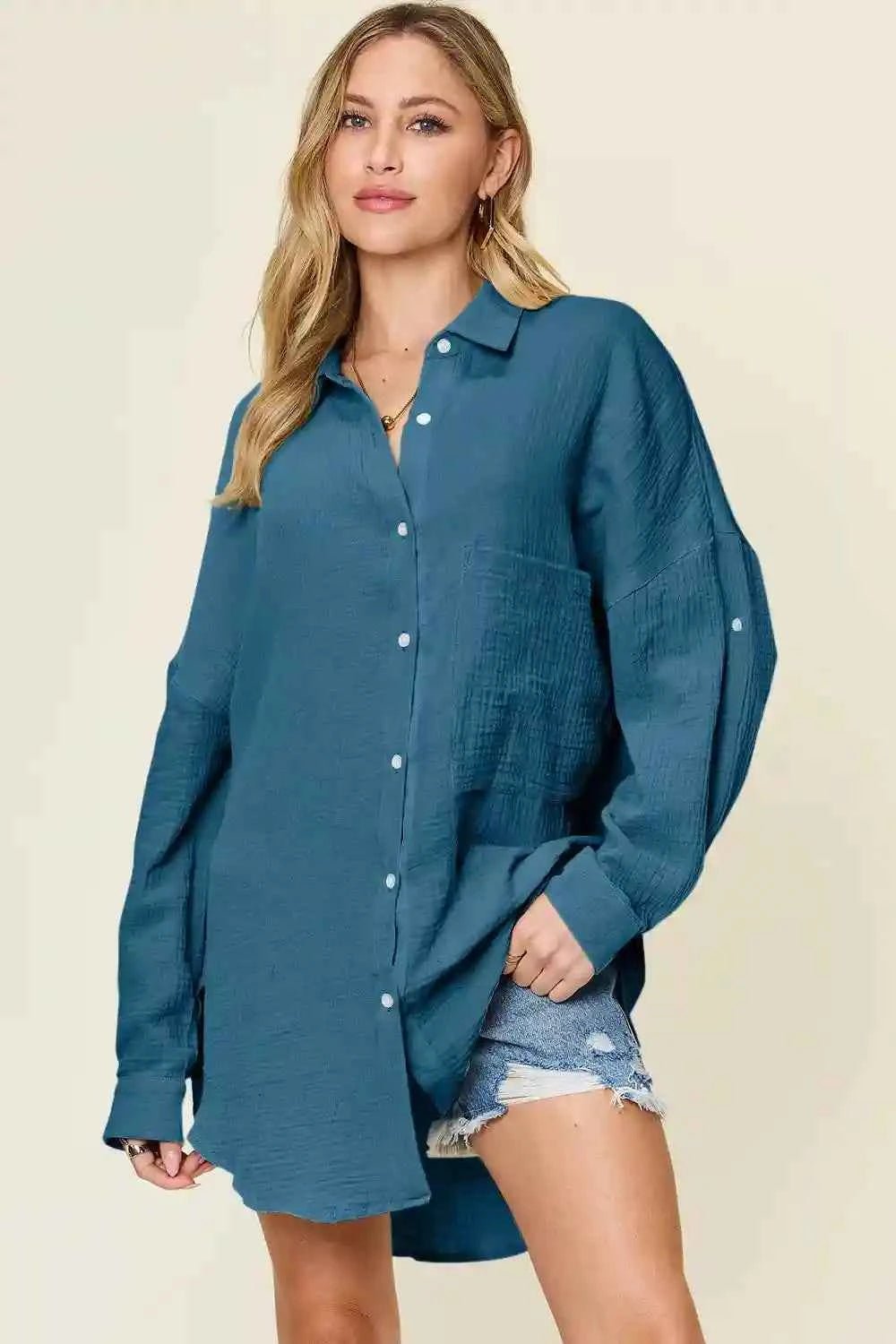 Double Take Full Size Pocketed Texture Button - Up Shirt for Versatile Style and Comfort - MegaSuperStar