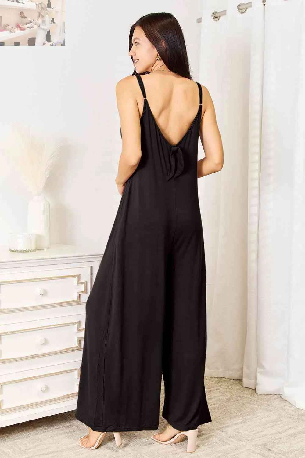 Double Take Full Size Rayon Spaghetti Strap Jumpsuit with Tied Wide Leg Design - MegaSuperStar