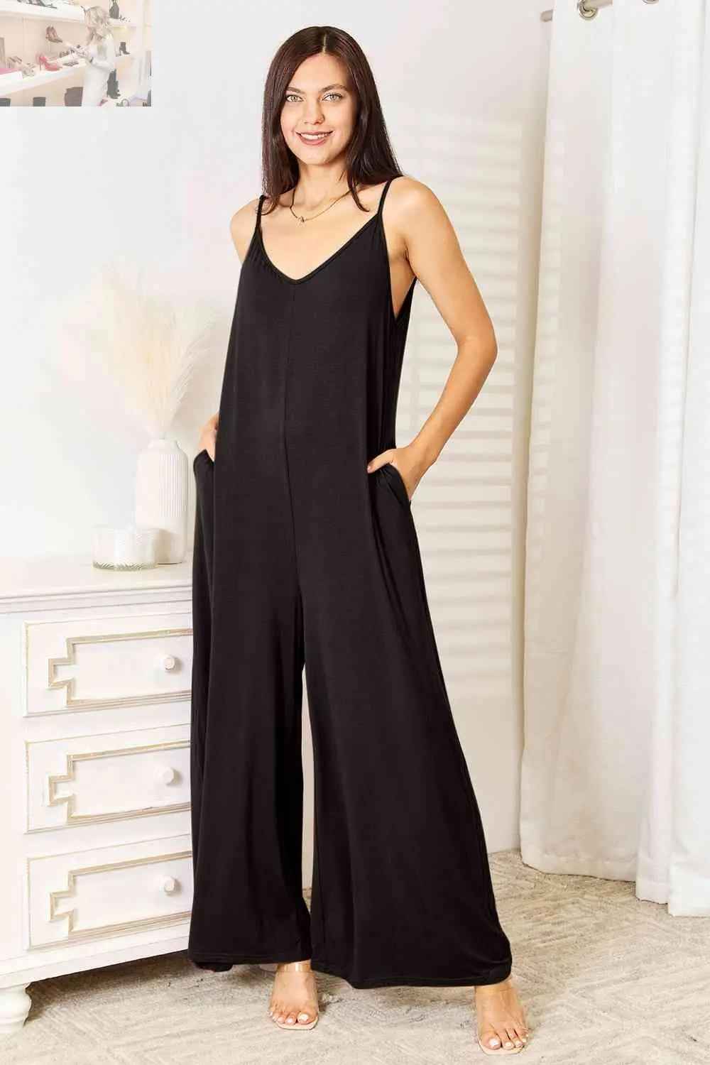 Double Take Full Size Rayon Spaghetti Strap Jumpsuit with Tied Wide Leg Design - MegaSuperStar
