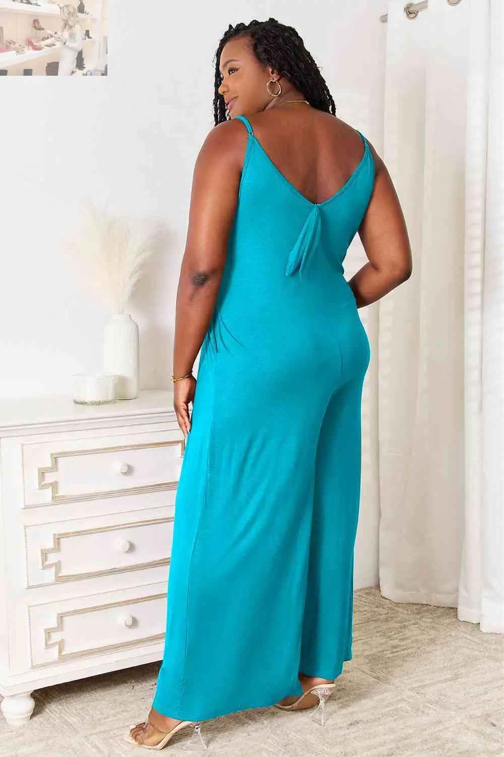 Double Take Full Size Rayon Spaghetti Strap Jumpsuit with Tied Wide Leg Design - MegaSuperStar