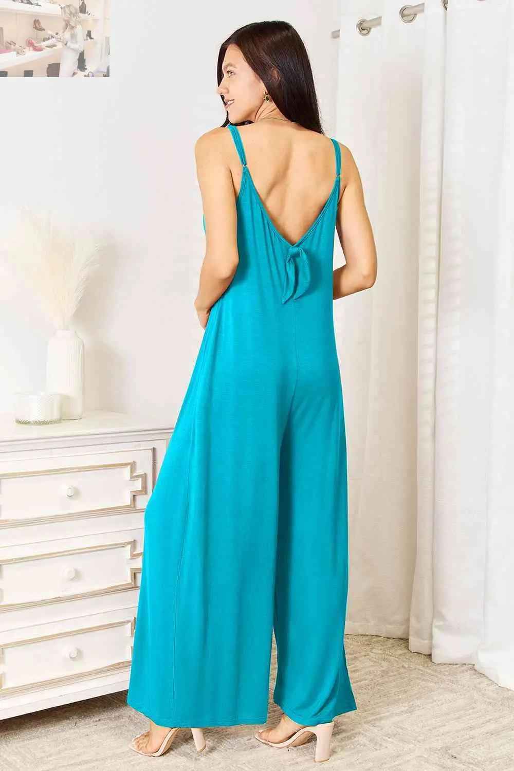 Double Take Full Size Rayon Spaghetti Strap Jumpsuit with Tied Wide Leg Design - MegaSuperStar