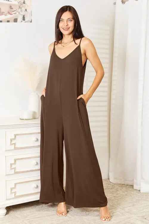 Double Take Full Size Rayon Spaghetti Strap Jumpsuit with Tied Wide Leg Design - MegaSuperStar