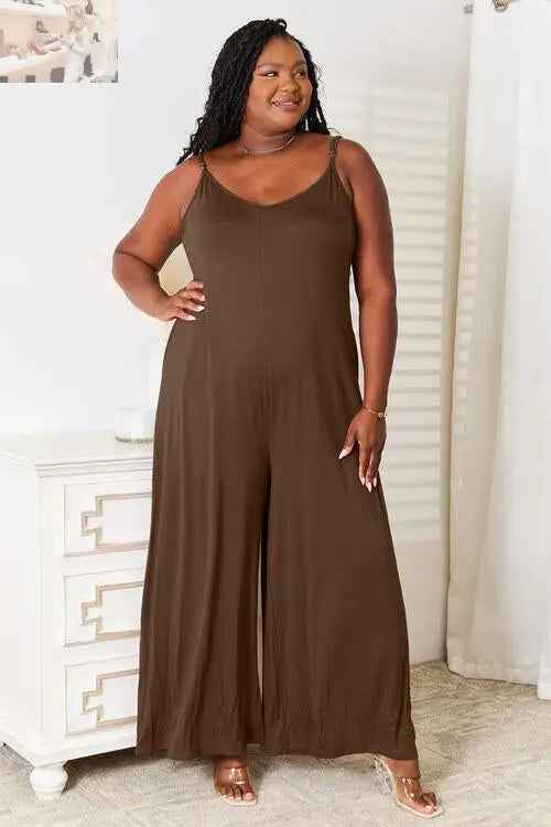 Double Take Full Size Rayon Spaghetti Strap Jumpsuit with Tied Wide Leg Design - MegaSuperStar