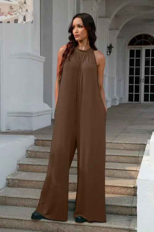 Double Take Full Size Sleeveless Cutout Jumpsuit with Tie Back - MegaSuperStar