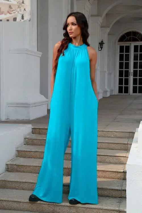Double Take Full Size Sleeveless Cutout Jumpsuit with Tie Back - MegaSuperStar