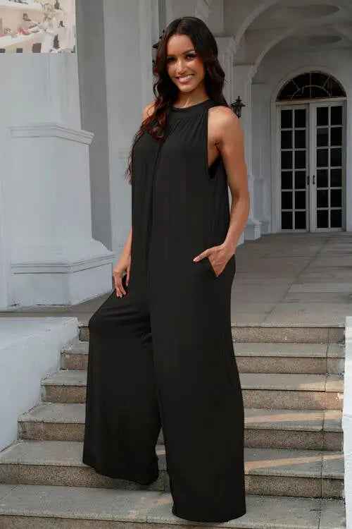 Double Take Full Size Sleeveless Cutout Jumpsuit with Tie Back - MegaSuperStar