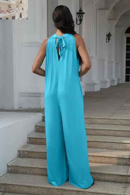 Double Take Full Size Sleeveless Cutout Jumpsuit with Tie Back - MegaSuperStar