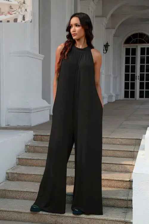 Double Take Full Size Sleeveless Cutout Jumpsuit with Tie Back - MegaSuperStar
