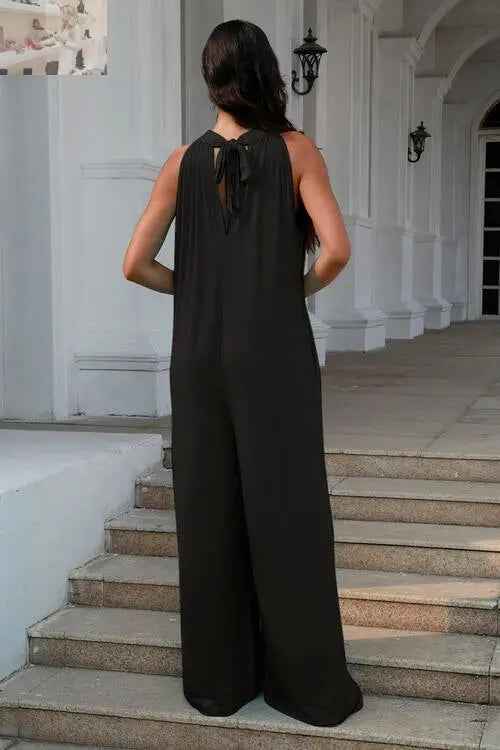 Double Take Full Size Sleeveless Cutout Jumpsuit with Tie Back - MegaSuperStar