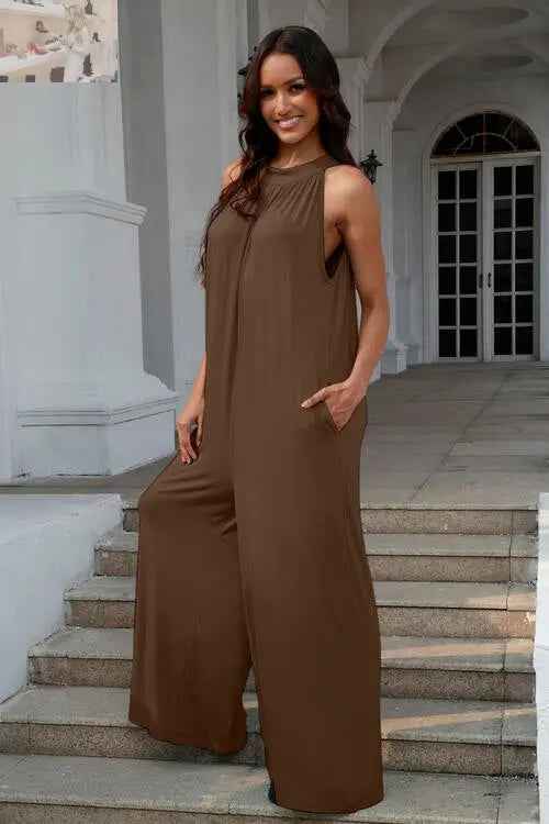 Double Take Full Size Sleeveless Cutout Jumpsuit with Tie Back - MegaSuperStar