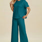 Double Take Full Size Texture Round Neck Short Sleeve Top and Pants Set - MegaSuperStar