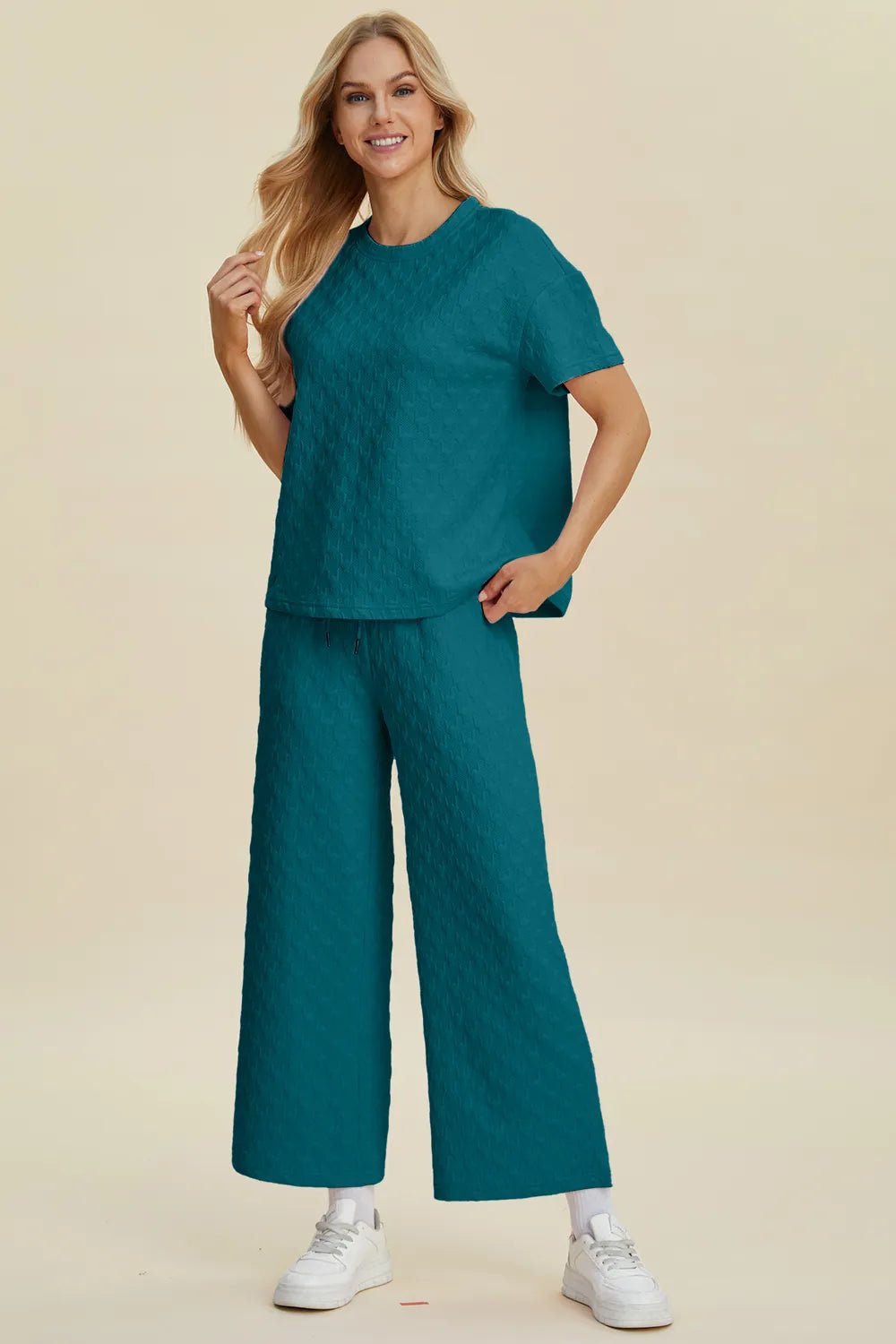 Double Take Full Size Texture Round Neck Short Sleeve Top and Pants Set - MegaSuperStar