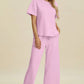 Double Take Full Size Texture Round Neck Short Sleeve Top and Pants Set - MegaSuperStar