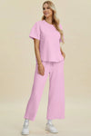 💕 Double Take Texture Top and Pants Set - Full Size Round Neck Short Sleeve Outfit 💕 thumbnail