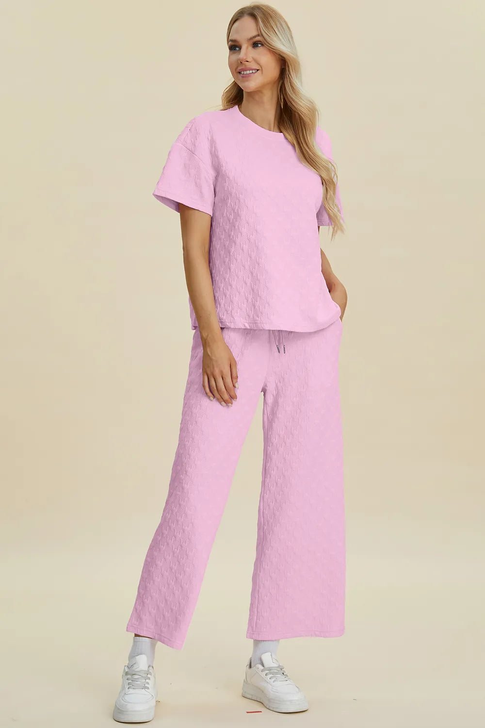 Double Take Full Size Texture Round Neck Short Sleeve Top and Pants Set - MegaSuperStar