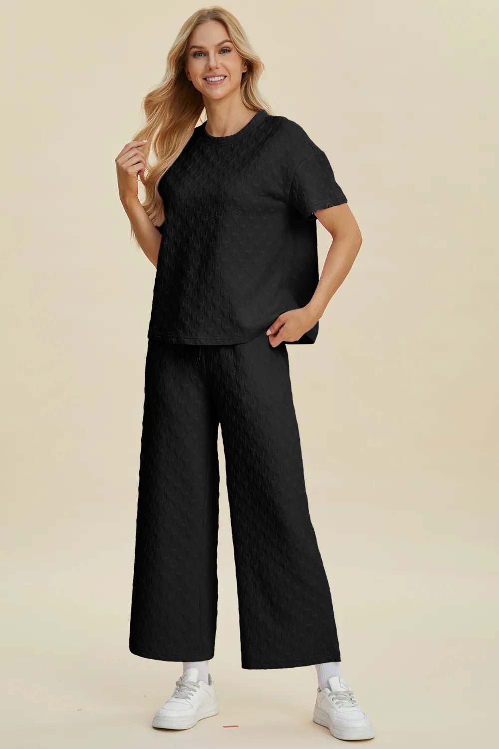 Double Take Full Size Texture Round Neck Short Sleeve Top and Pants Set - MegaSuperStar