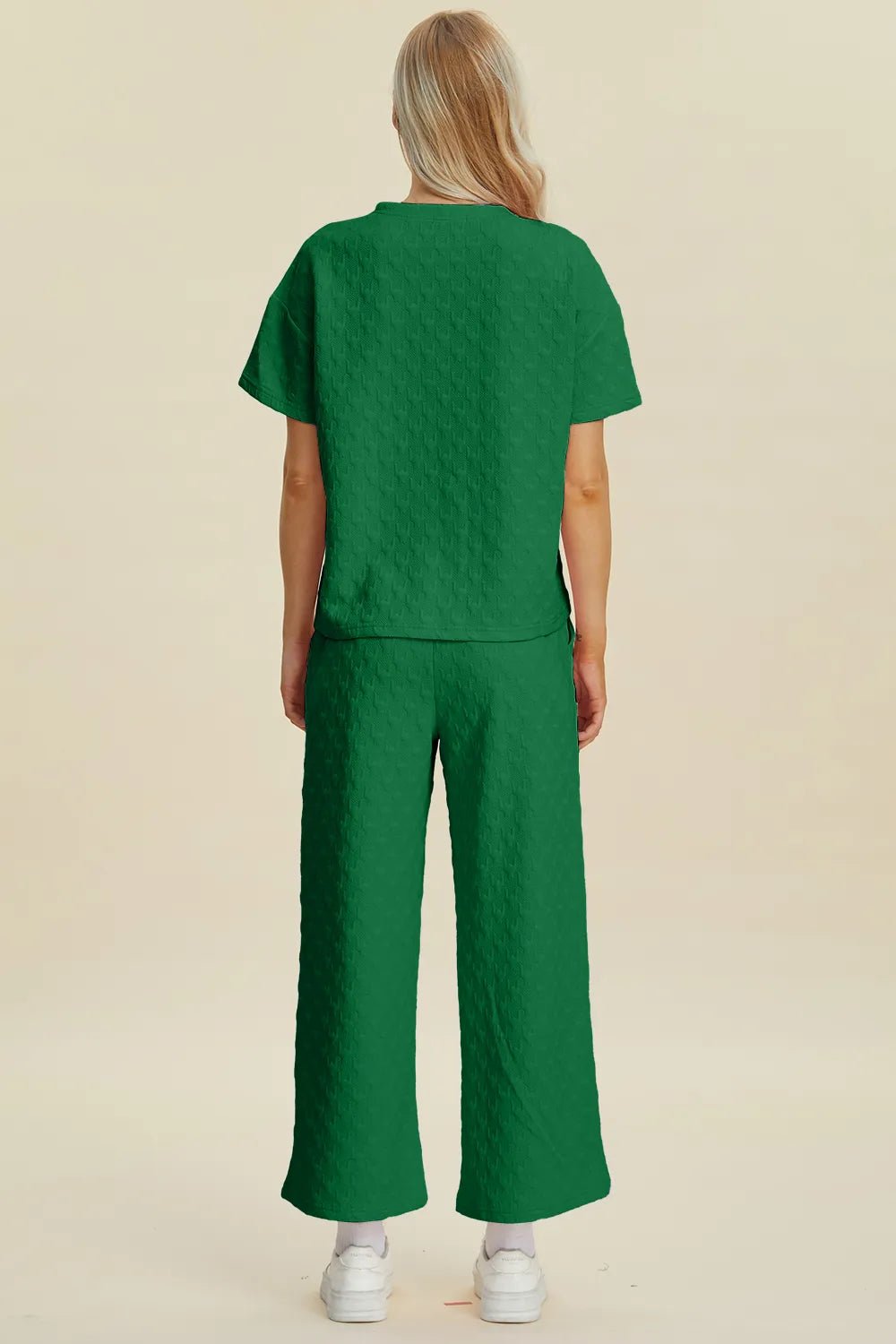 Double Take Full Size Texture Round Neck Short Sleeve Top and Pants Set - MegaSuperStar