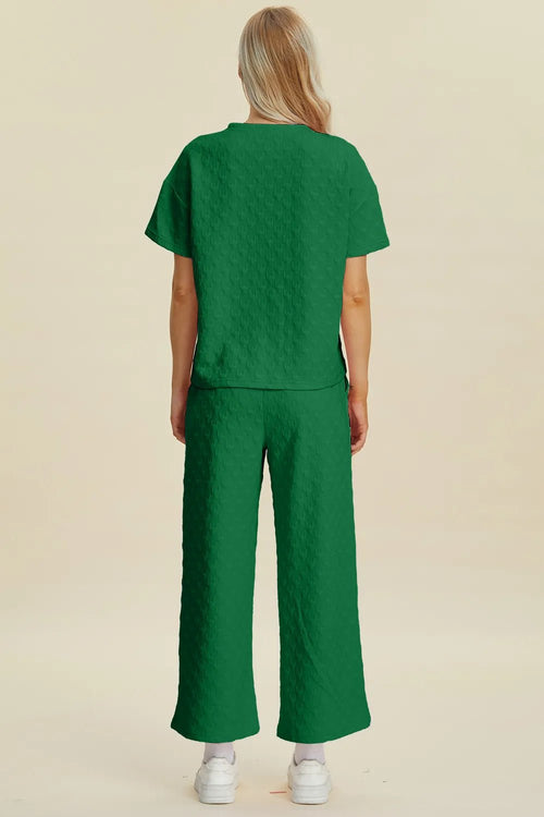 Customer styling 💕 Double Take Texture Top and Pants Set - Full Size Round Neck Short Sleeve Outfit 💕