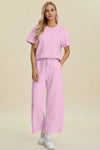 💕 Double Take Texture Top and Pants Set - Full Size Round Neck Short Sleeve Outfit 💕 thumbnail