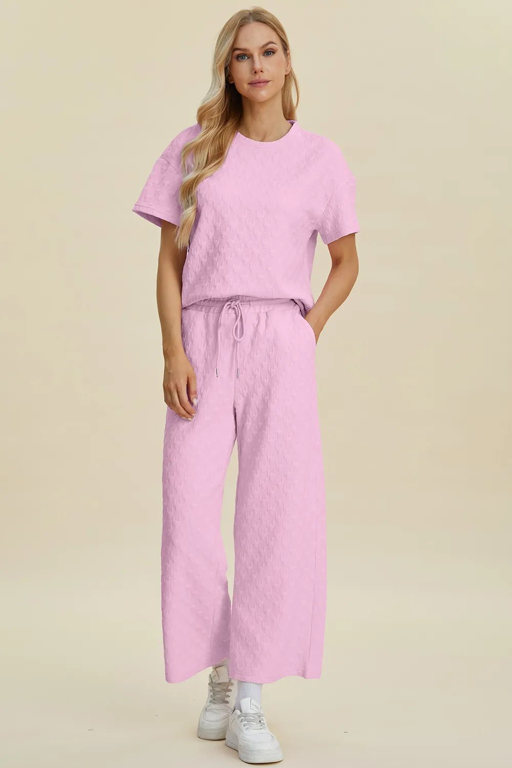 Double Take Full Size Texture Round Neck Short Sleeve Top and Pants Set - MegaSuperStar