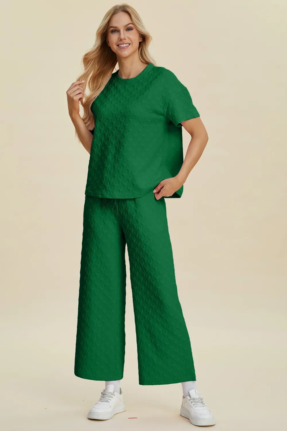 Double Take Full Size Texture Round Neck Short Sleeve Top and Pants Set - MegaSuperStar