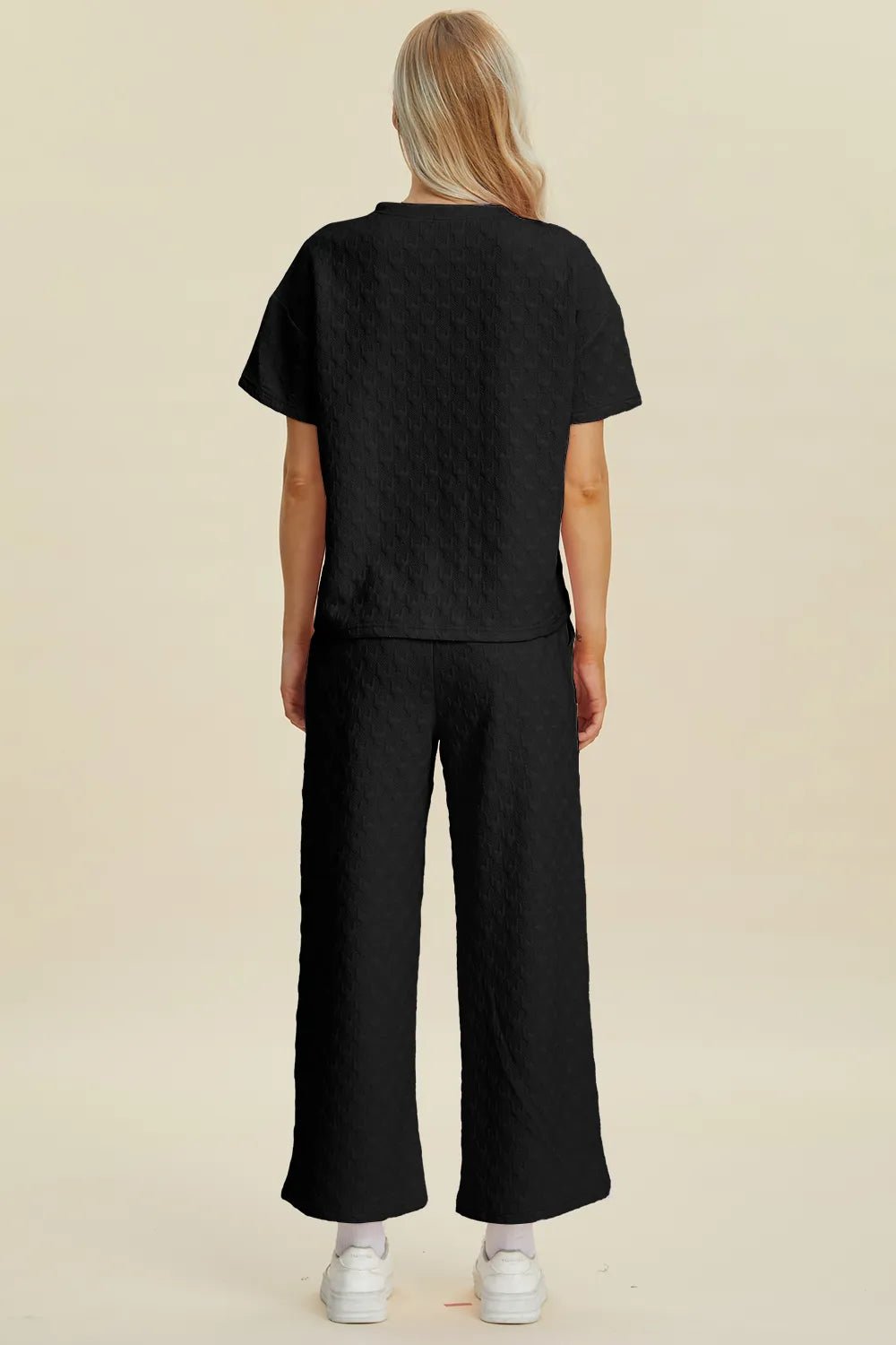 Double Take Full Size Texture Round Neck Short Sleeve Top and Pants Set - MegaSuperStar