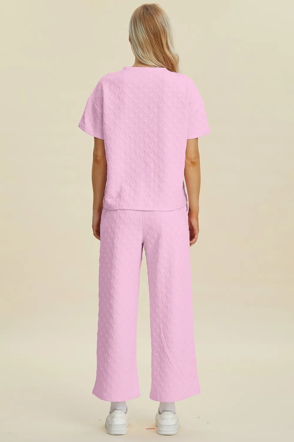 Double Take Full Size Texture Round Neck Short Sleeve Top and Pants Set - MegaSuperStar