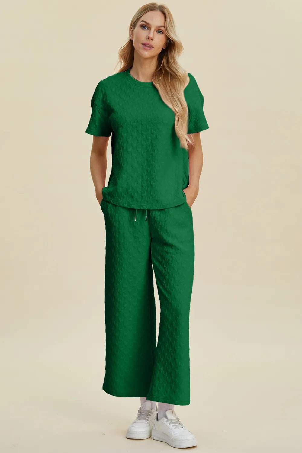 Double Take Full Size Texture Round Neck Short Sleeve Top and Pants Set - MegaSuperStar